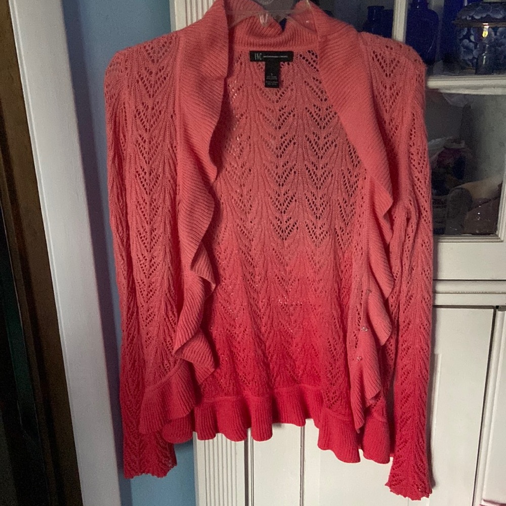 INC  ladies sweater variegated colors.  Has 3 small snaps to close if you choose